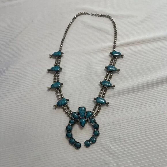 No Brand Jewelry - Vintage Squash Blossom Necklace Silvertone Faux Turquoise